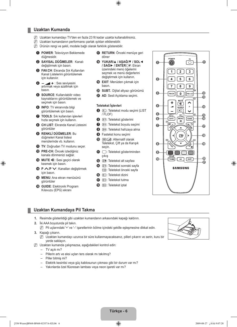 Uzaktan kumanda, Uzaktan kumandaya pil takma | Samsung LE22B350F2W User Manual | Page 280 / 314
