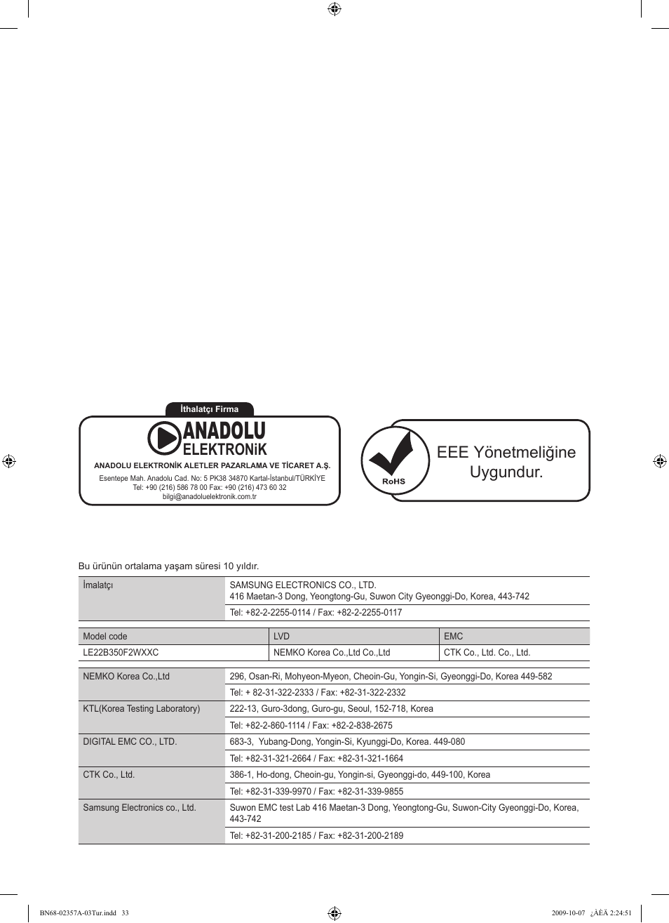 Anadolu, Eee yönetmeliğine uygundur, Elektronik | Samsung LE22B350F2W User Manual | Page 307 / 314