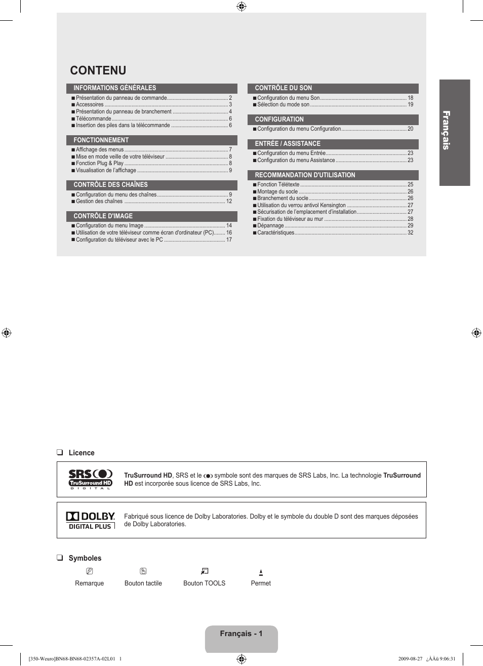 Contenu, Fr ançais | Samsung LE22B350F2W User Manual | Page 37 / 314