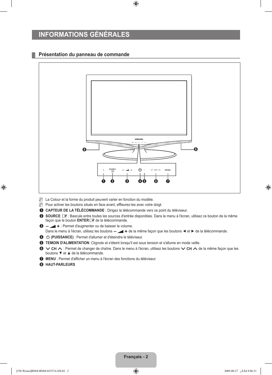 Informations générales, Présentation du panneau de commande | Samsung LE22B350F2W User Manual | Page 38 / 314