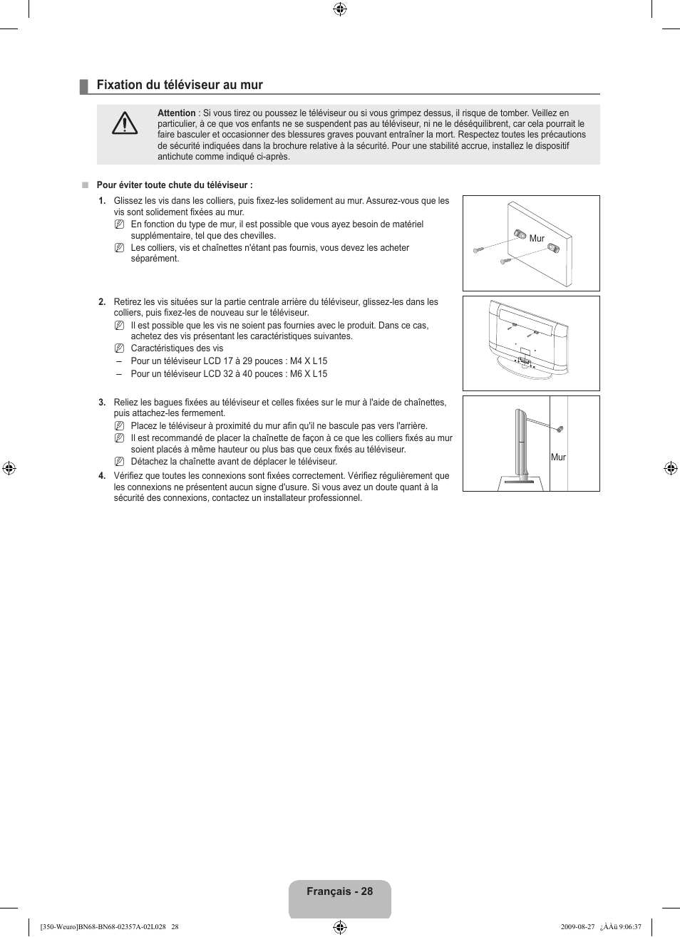 Fixation du téléviseur au mur | Samsung LE22B350F2W User Manual | Page 64 / 314