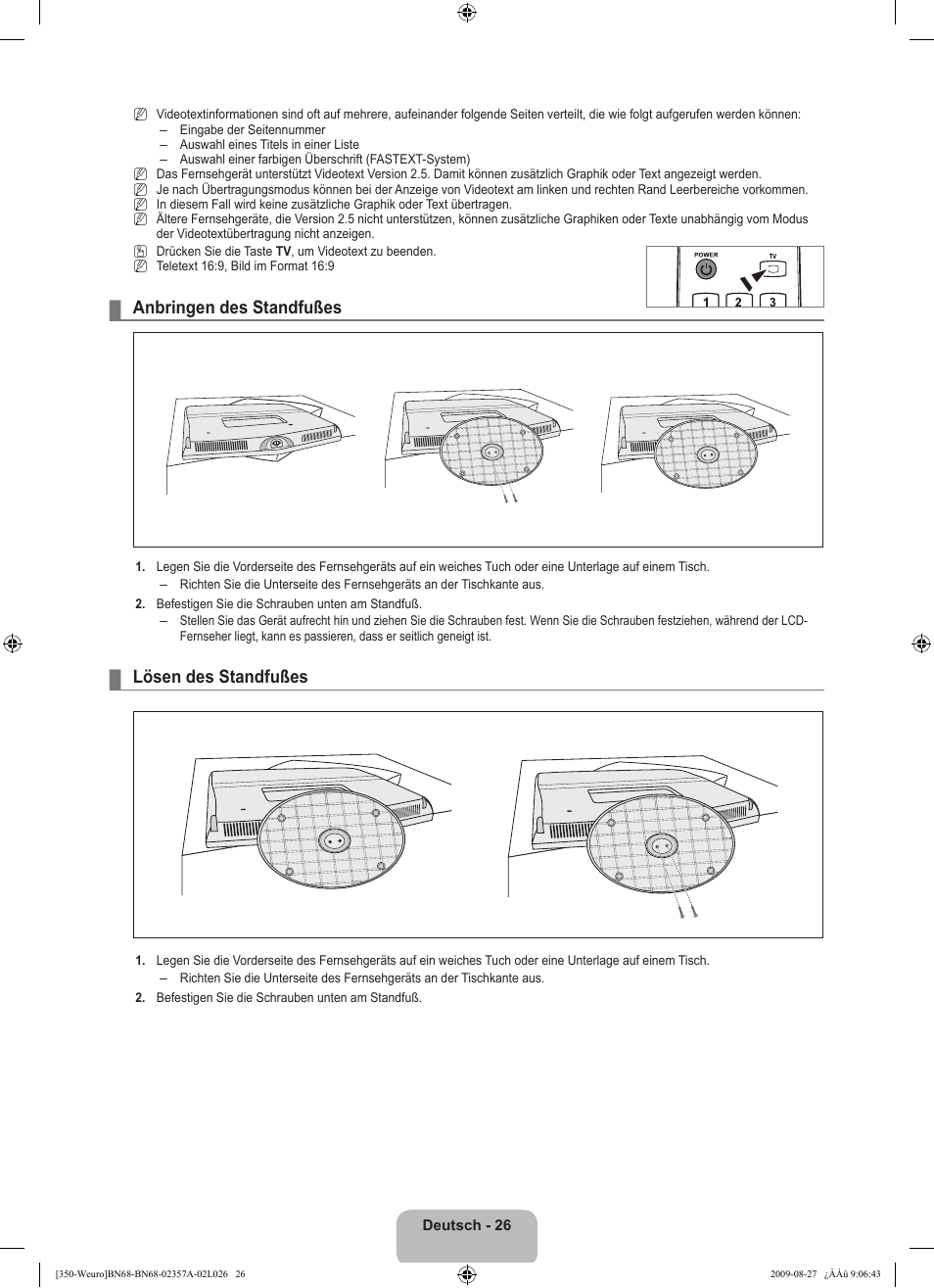 Anbringen des standfußes, Lösen des standfußes | Samsung LE22B350F2W User Manual | Page 96 / 314