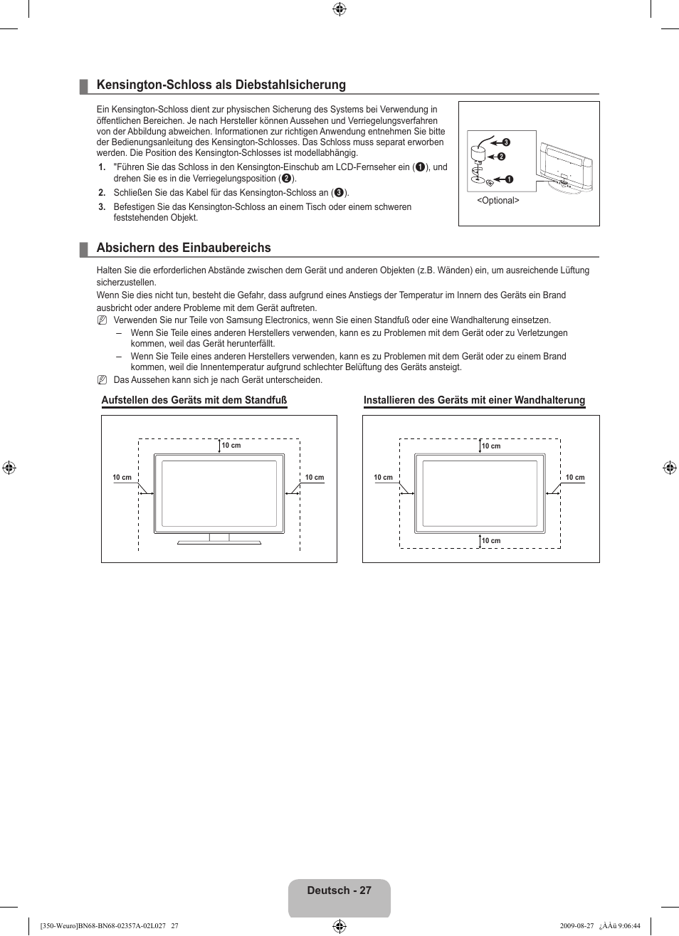 Kensington-schloss als diebstahlsicherung, Absichern des einbaubereichs | Samsung LE22B350F2W User Manual | Page 97 / 314