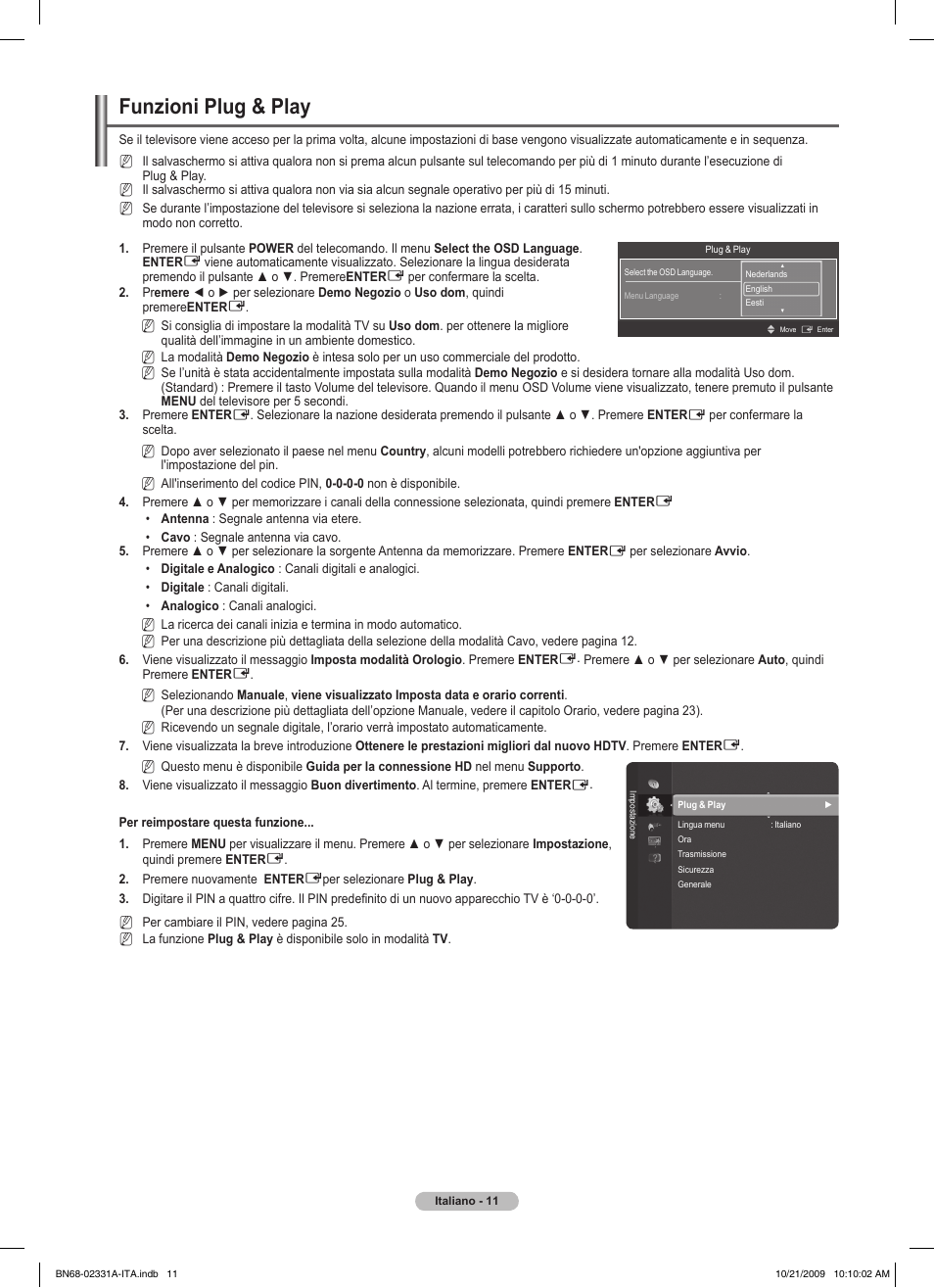 Funzioni plug & play | Samsung PS50B551T3W User Manual | Page 200 / 419