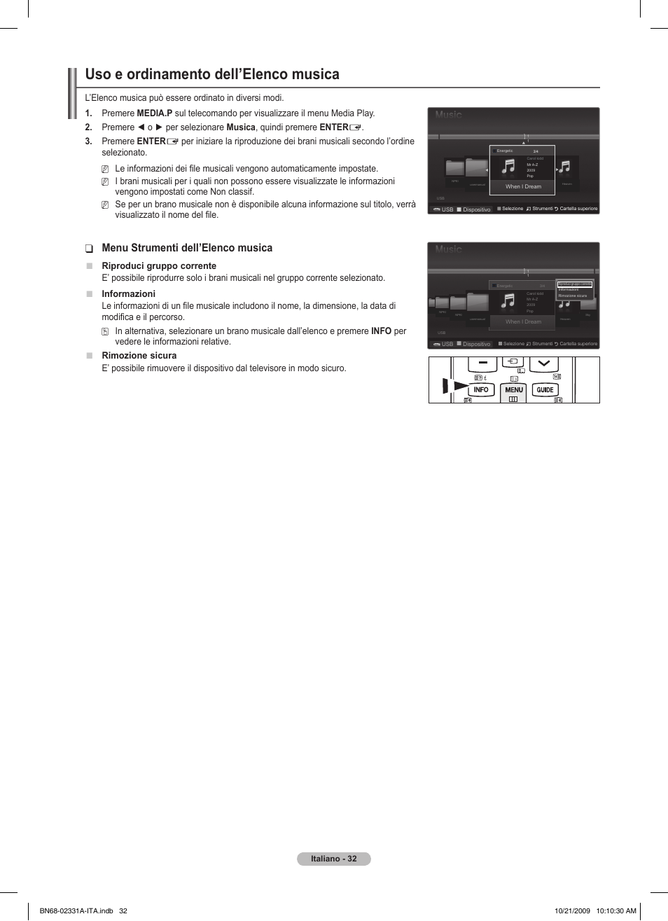 Uso e ordinamento dell’elenco musica, Menu strumenti dell’elenco musica, Premere enter | Visualizzato il nome del file, Riproduci gruppo corrente | Samsung PS50B551T3W User Manual | Page 221 / 419