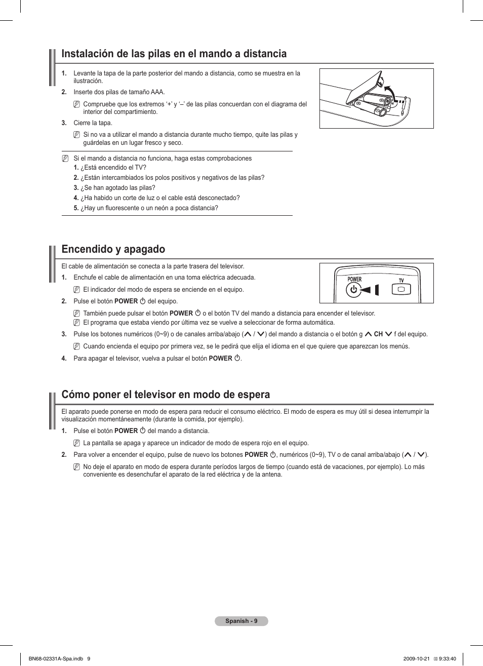 Instalación de las pilas en el mando a distancia, Encendido y apagado, Cómo poner el televisor en modo de espera | Samsung PS50B551T3W User Manual | Page 244 / 419