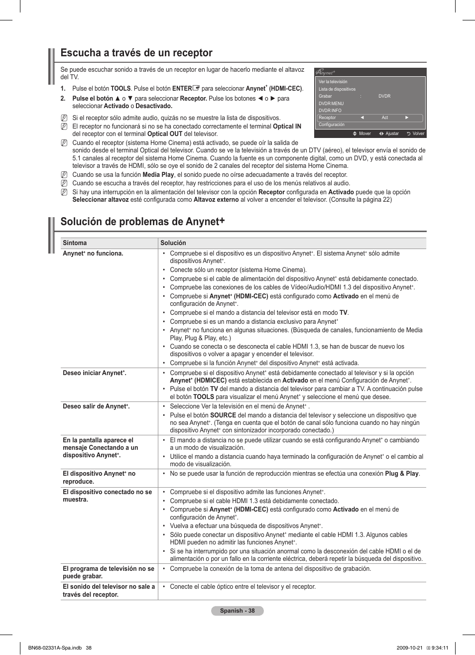 Escucha a través de un receptor, Solución de problemas de anynet | Samsung PS50B551T3W User Manual | Page 273 / 419
