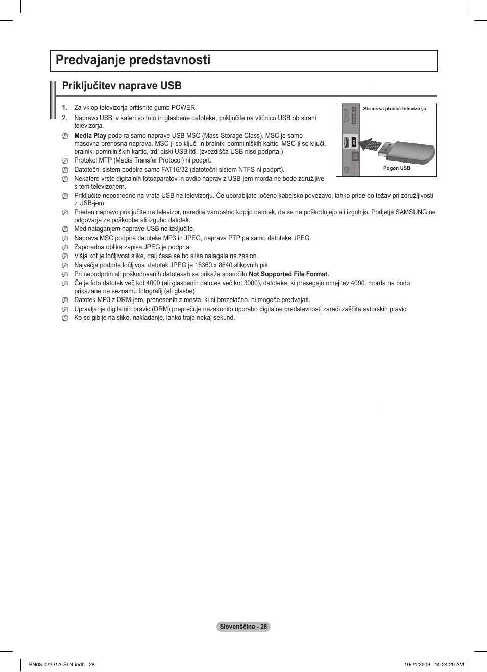 Predvajanje predstavnosti, Priključitev naprave usb | Samsung PS50B551T3W User Manual | Page 353 / 419