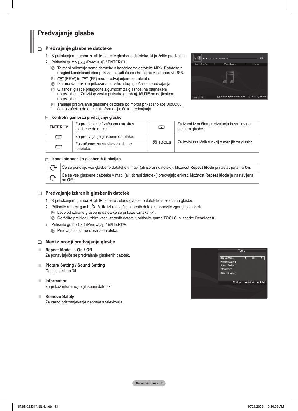 Predvajanje glasbe, Predvajanje glasbene datoteke, Predvajanje izbranih glasbenih datotek | Meni z orodji predvajanja glasbe | Samsung PS50B551T3W User Manual | Page 358 / 419
