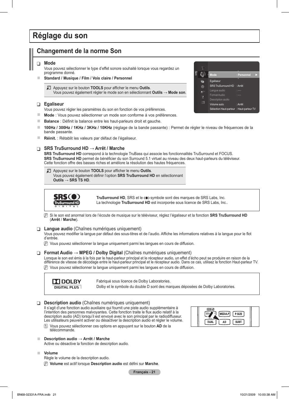Réglage du son, Changement de la norme son | Samsung PS50B551T3W User Manual | Page 75 / 419