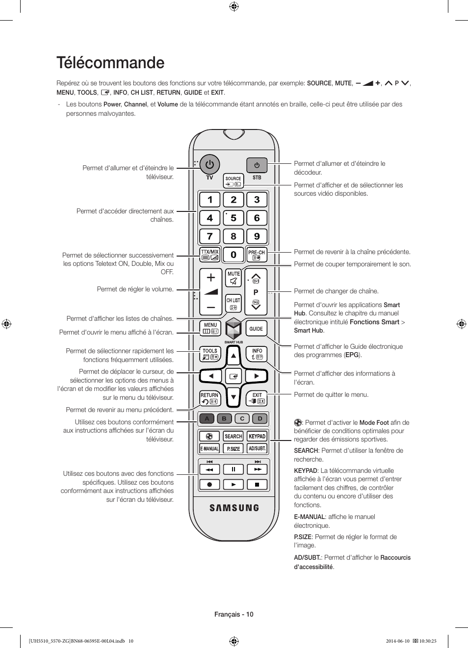 Télécommande | Samsung UE40H5570SS User Manual | Page 50 / 81