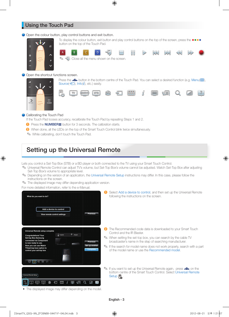 Setting up the universal remote, Using the touch pad | Samsung UE46ES7000S User Manual | Page 3 / 24