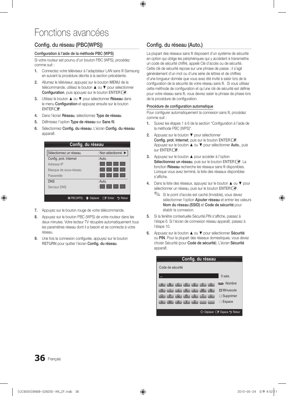 Fonctions avancées, Config. du réseau (pbc(wps)), Config. du réseau (auto.) | Samsung UE46C9000ZW User Manual | Page 100 / 257