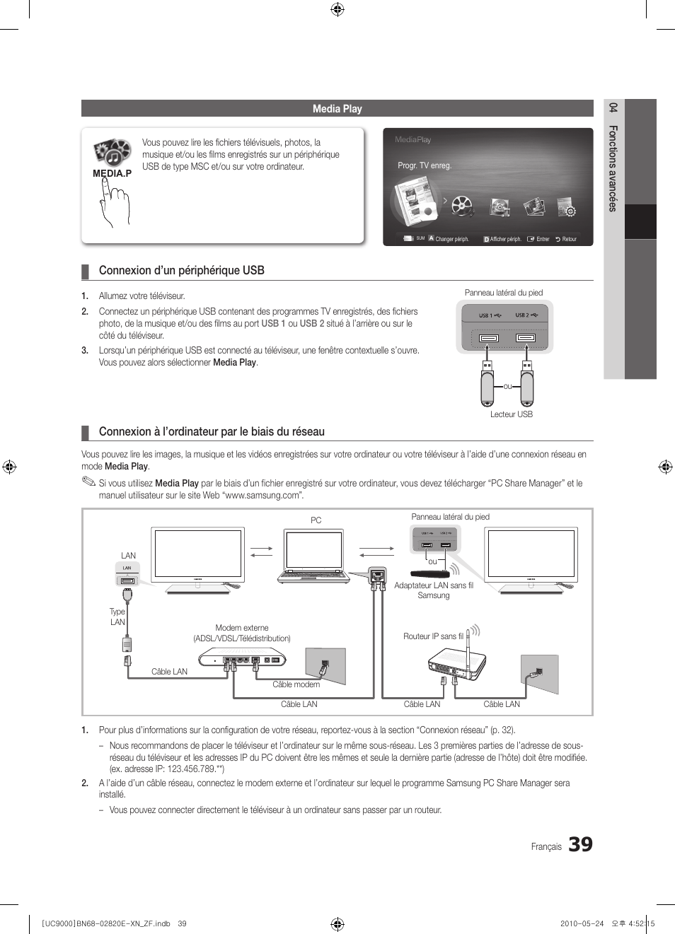 Connexion d’un périphérique usb, Connexion à l’ordinateur par le biais du réseau | Samsung UE46C9000ZW User Manual | Page 103 / 257