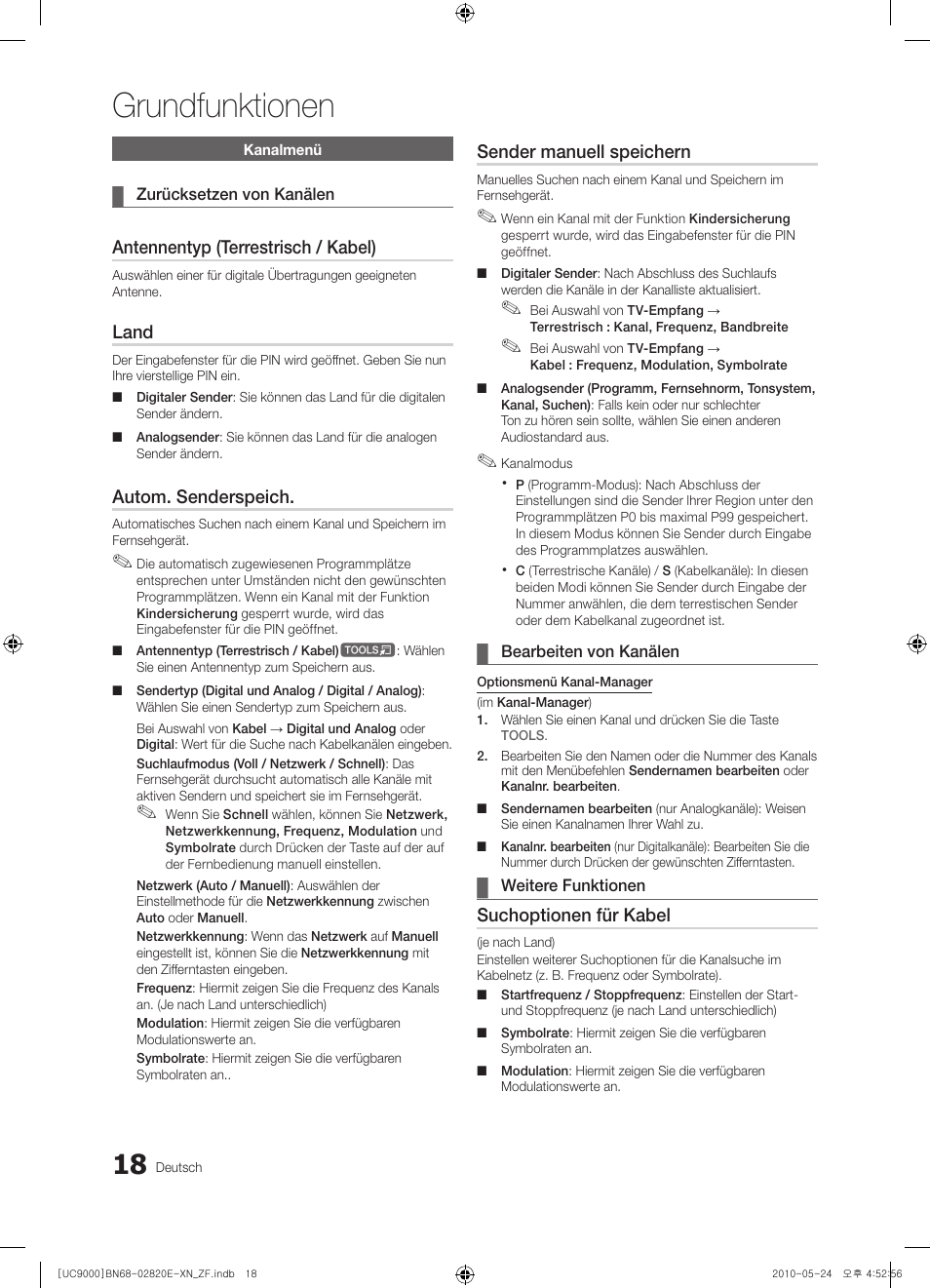 Grundfunktionen, Antennentyp (terrestrisch / kabel), Land | Autom. senderspeich, Sender manuell speichern, Suchoptionen für kabel | Samsung UE46C9000ZW User Manual | Page 146 / 257
