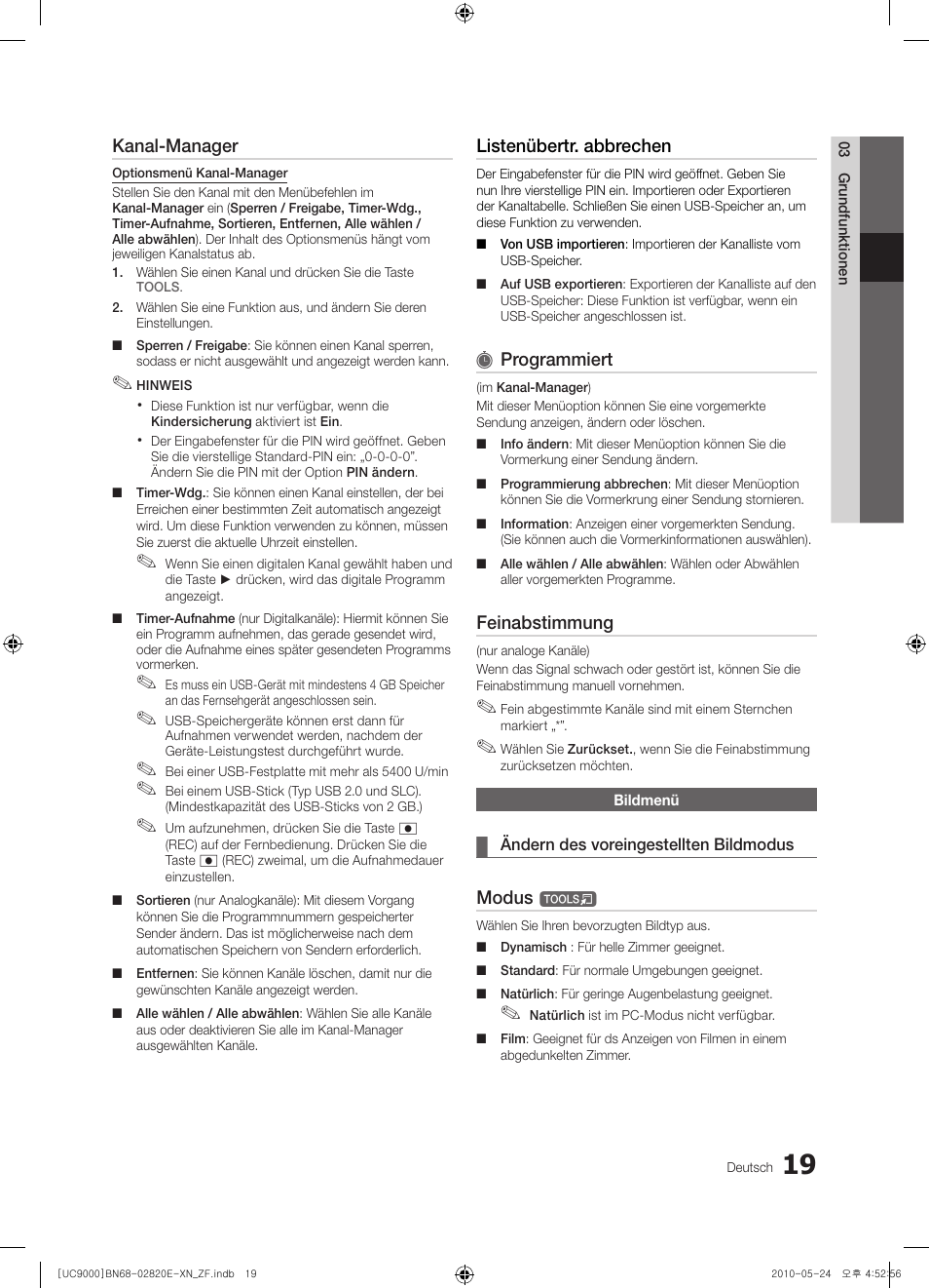 Kanal-manager, Listenübertr. abbrechen, Programmiert | Feinabstimmung, Modus t | Samsung UE46C9000ZW User Manual | Page 147 / 257