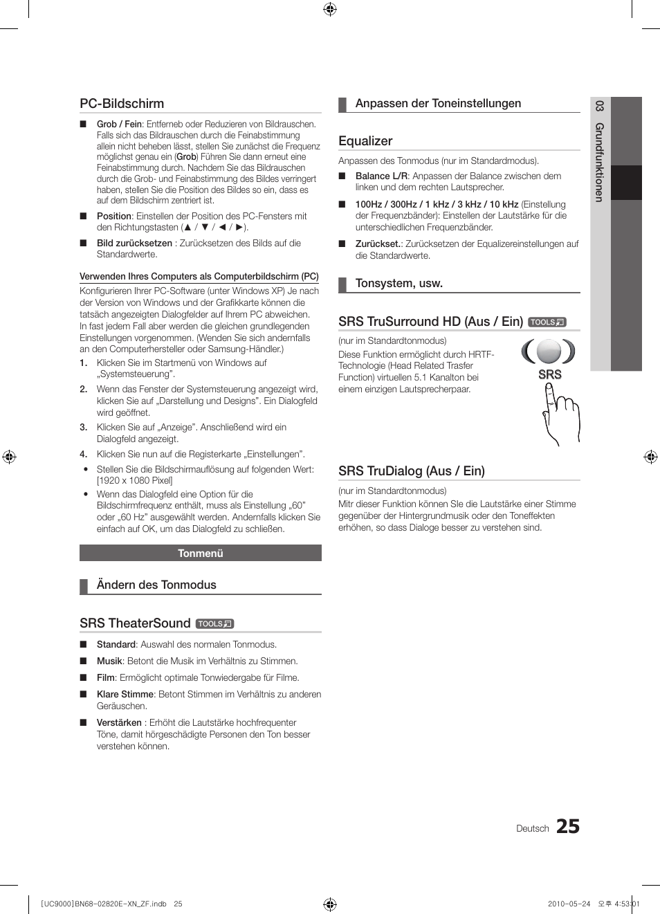 Pc-bildschirm, Srs theatersound, Equalizer | Srs trusurround hd (aus / ein), Srs trudialog (aus / ein) | Samsung UE46C9000ZW User Manual | Page 153 / 257