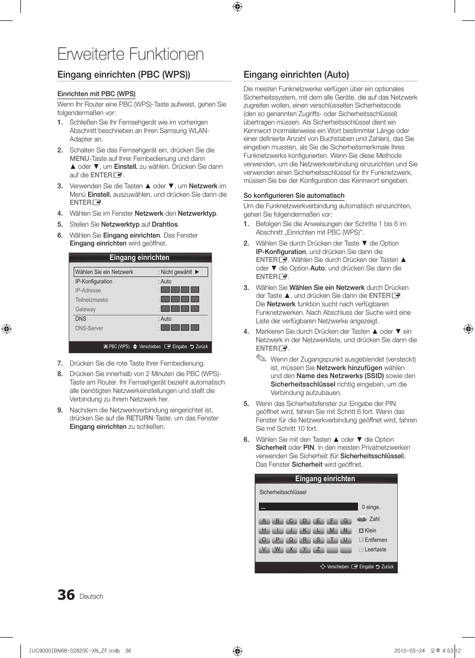 Erweiterte funktionen, Eingang einrichten (pbc (wps)), Eingang einrichten (auto) | Samsung UE46C9000ZW User Manual | Page 164 / 257