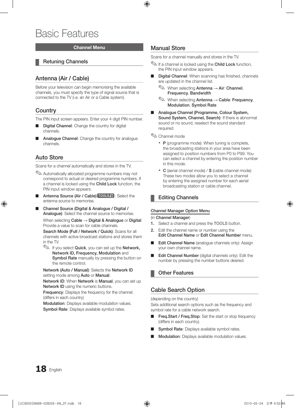 Basic features, Antenna (air / cable), Country | Auto store, Manual store, Cable search option | Samsung UE46C9000ZW User Manual | Page 18 / 257