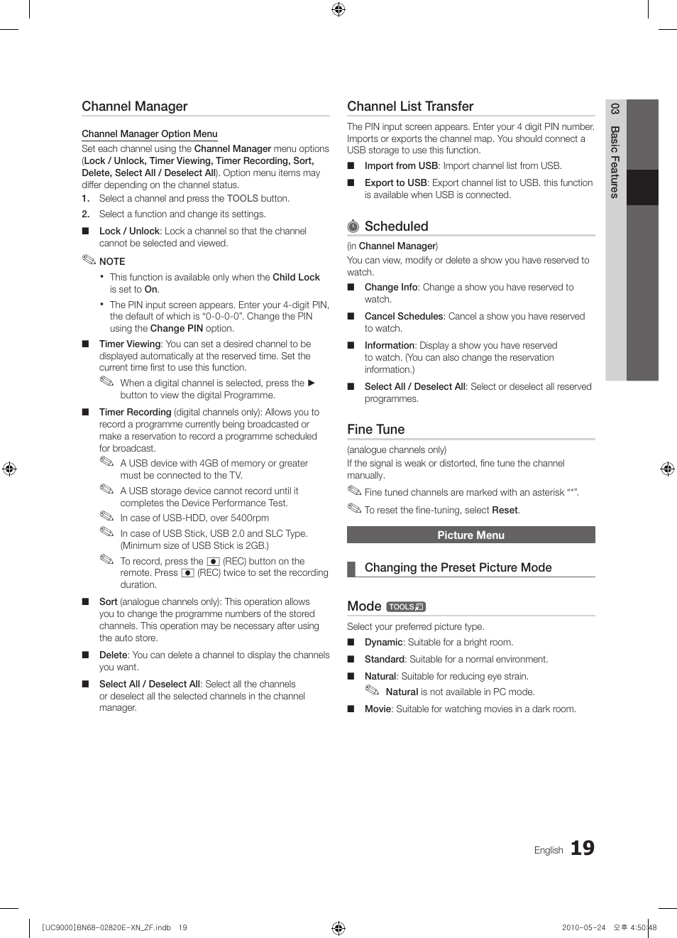 Channel manager, Channel list transfer, Scheduled | Fine tune, Mode | Samsung UE46C9000ZW User Manual | Page 19 / 257