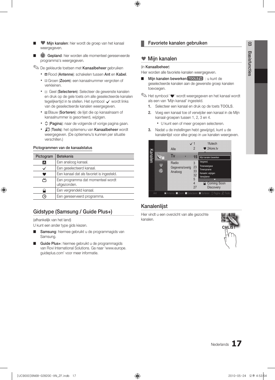 Gidstype (samsung / guide plus+), Mijn kanalen, Kanalenlijst | Samsung UE46C9000ZW User Manual | Page 209 / 257