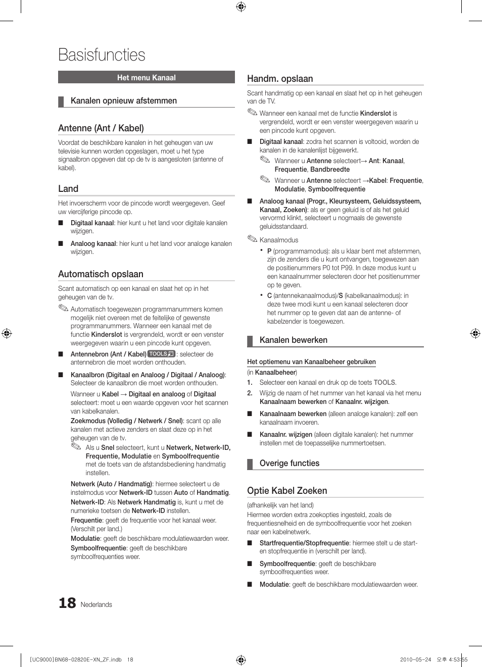 Basisfuncties, Antenne (ant / kabel), Land | Automatisch opslaan, Handm. opslaan, Optie kabel zoeken | Samsung UE46C9000ZW User Manual | Page 210 / 257