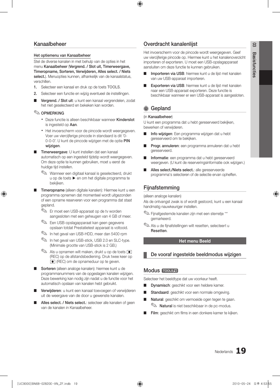 Kanaalbeheer, Overdracht kanalenlijst, Gepland | Fijnafstemming, Modus | Samsung UE46C9000ZW User Manual | Page 211 / 257