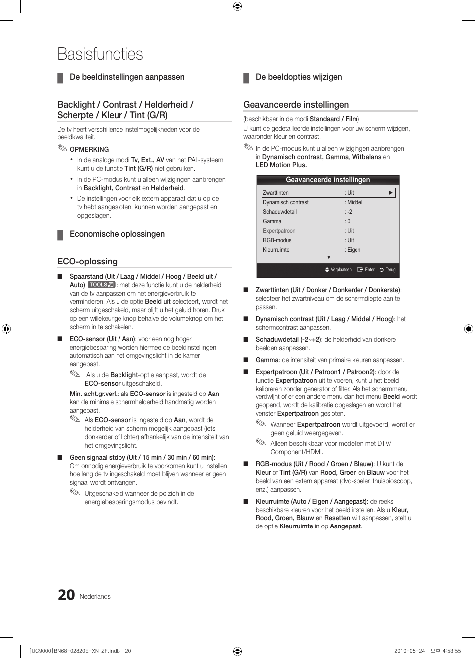 Basisfuncties, Eco-oplossing, Geavanceerde instellingen | Samsung UE46C9000ZW User Manual | Page 212 / 257