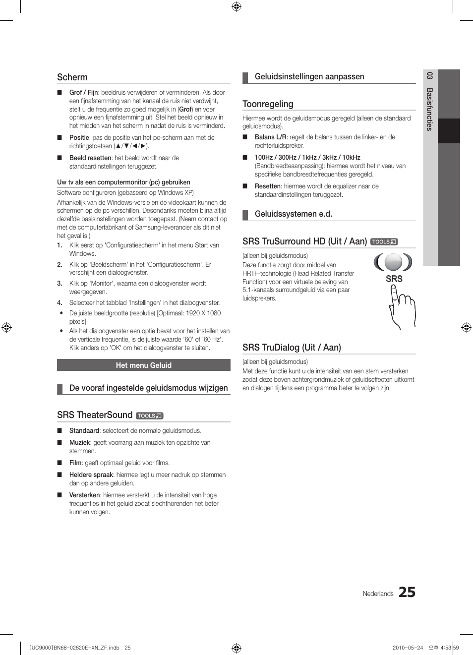 Scherm, Srs theatersound, Toonregeling | Srs trusurround hd (uit / aan), Srs trudialog (uit / aan) | Samsung UE46C9000ZW User Manual | Page 217 / 257