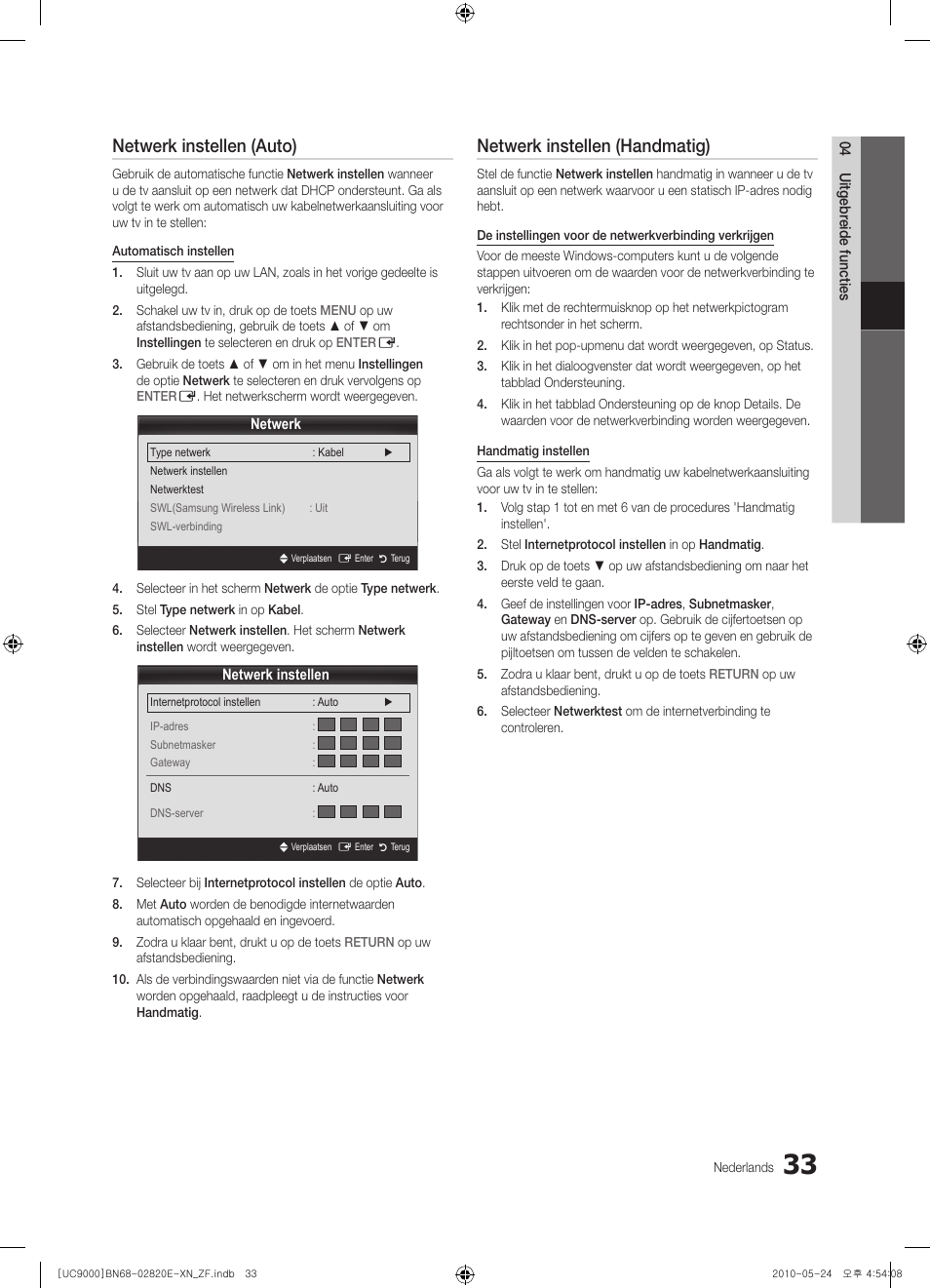 Netwerk instellen (auto), Netwerk instellen (handmatig) | Samsung UE46C9000ZW User Manual | Page 225 / 257