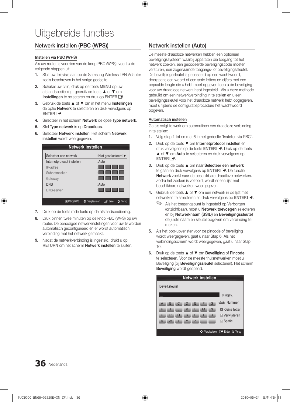 Uitgebreide functies, Netwerk instellen (pbc (wps)), Netwerk instellen (auto) | Samsung UE46C9000ZW User Manual | Page 228 / 257