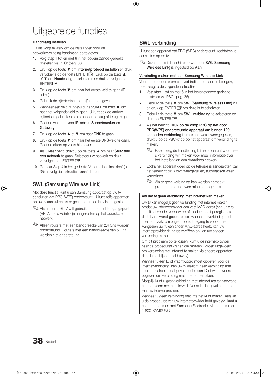 Uitgebreide functies, Swl (samsung wireless link), Swl-verbinding | Samsung UE46C9000ZW User Manual | Page 230 / 257
