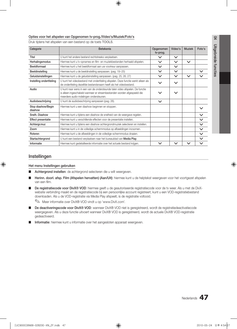 Instellingen | Samsung UE46C9000ZW User Manual | Page 239 / 257