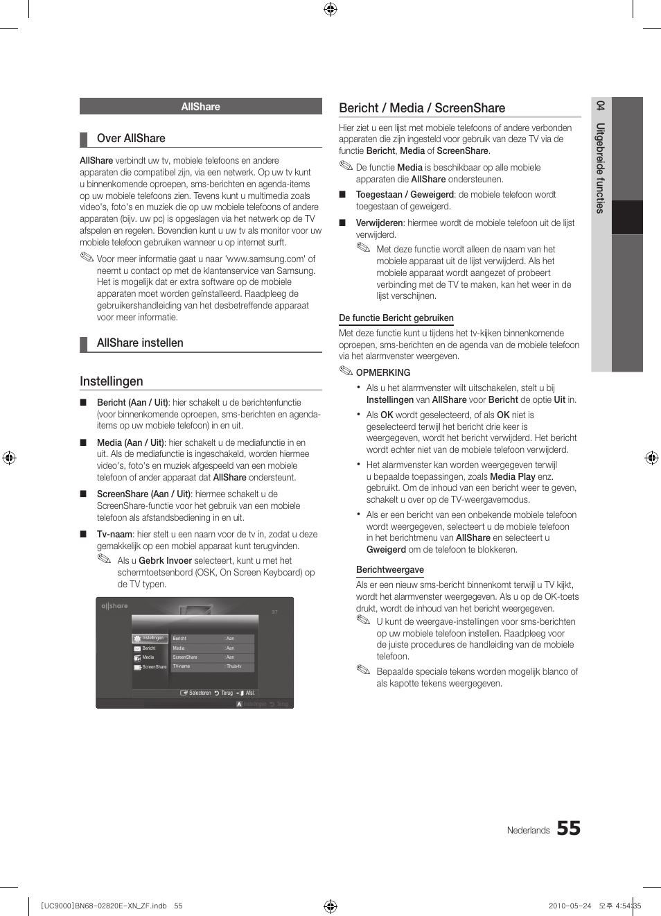 Instellingen, Bericht / media / screenshare | Samsung UE46C9000ZW User Manual | Page 247 / 257