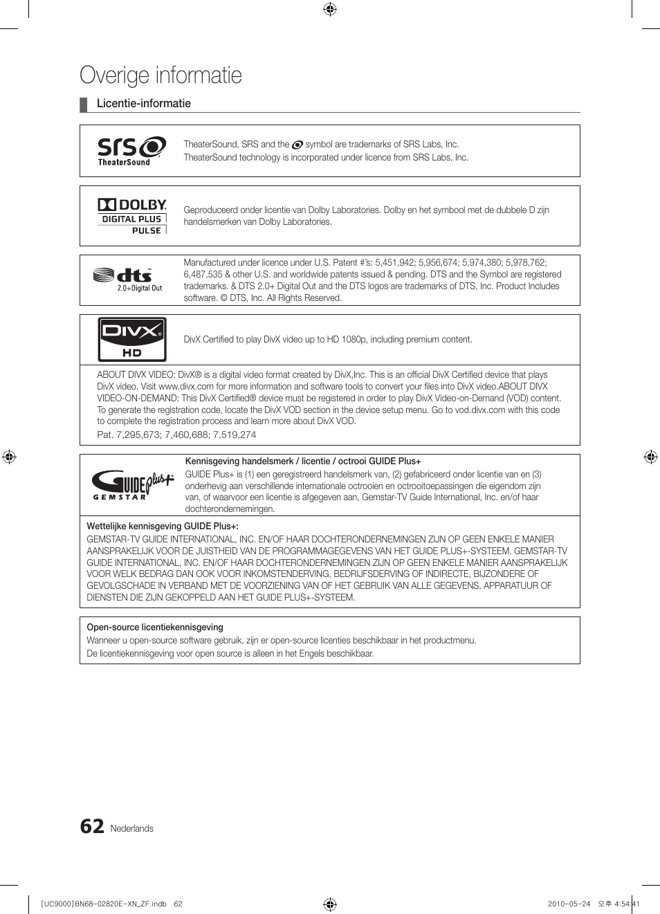 Overige informatie | Samsung UE46C9000ZW User Manual | Page 254 / 257
