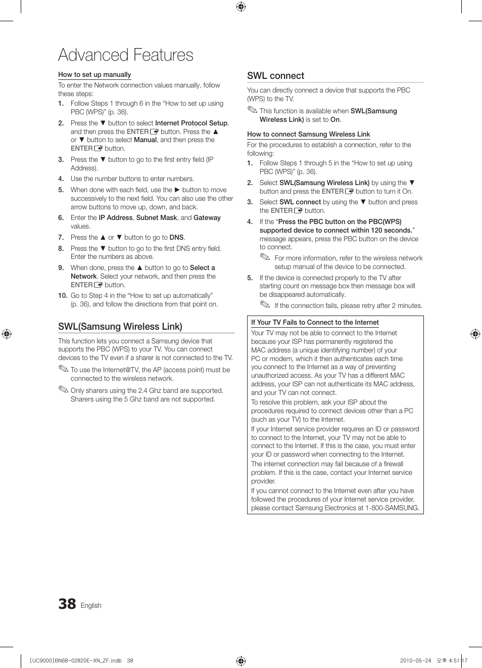 Advanced features, Swl(samsung wireless link), Swl connect | Samsung UE46C9000ZW User Manual | Page 38 / 257