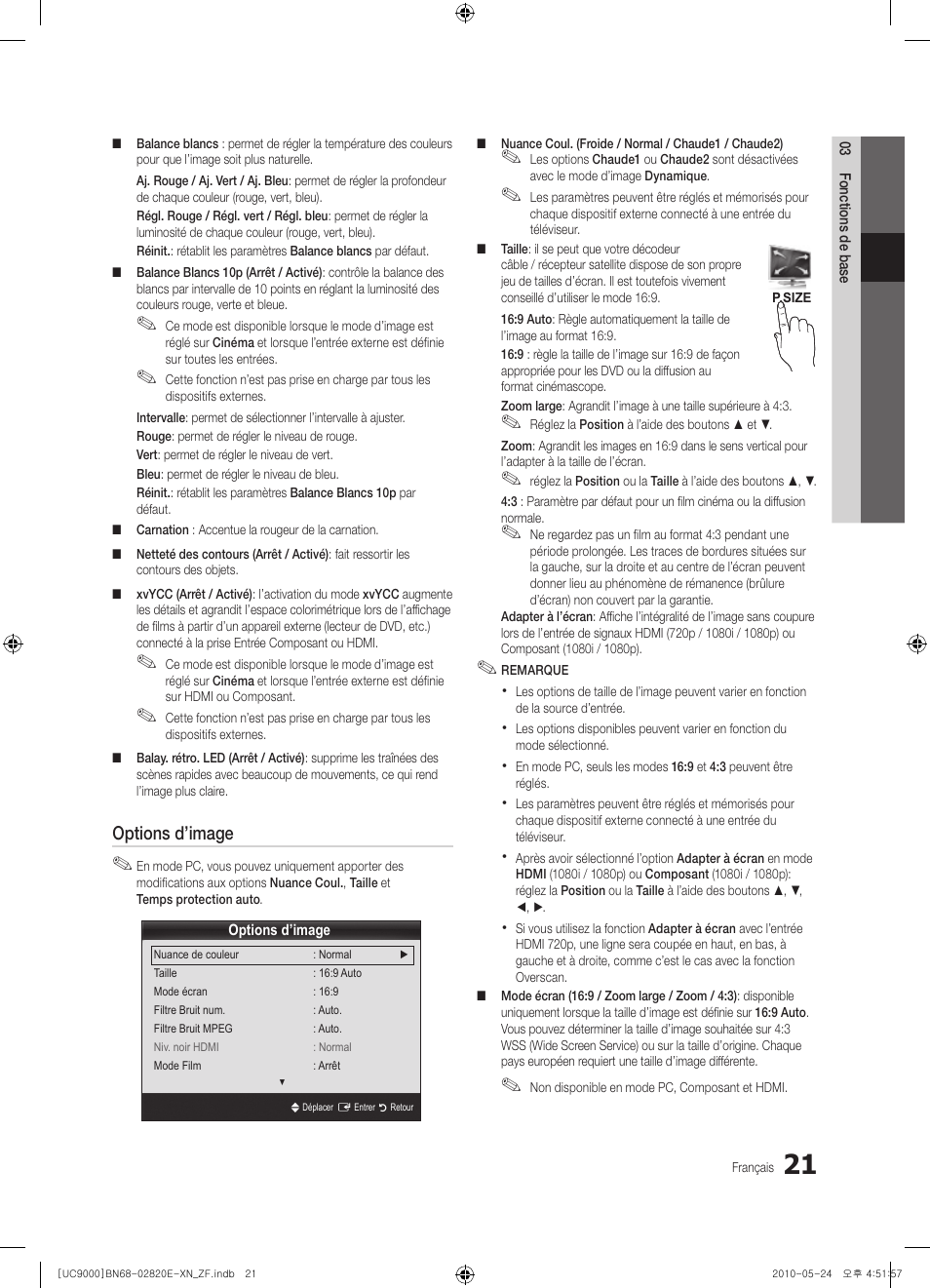 Options d’image | Samsung UE46C9000ZW User Manual | Page 85 / 257