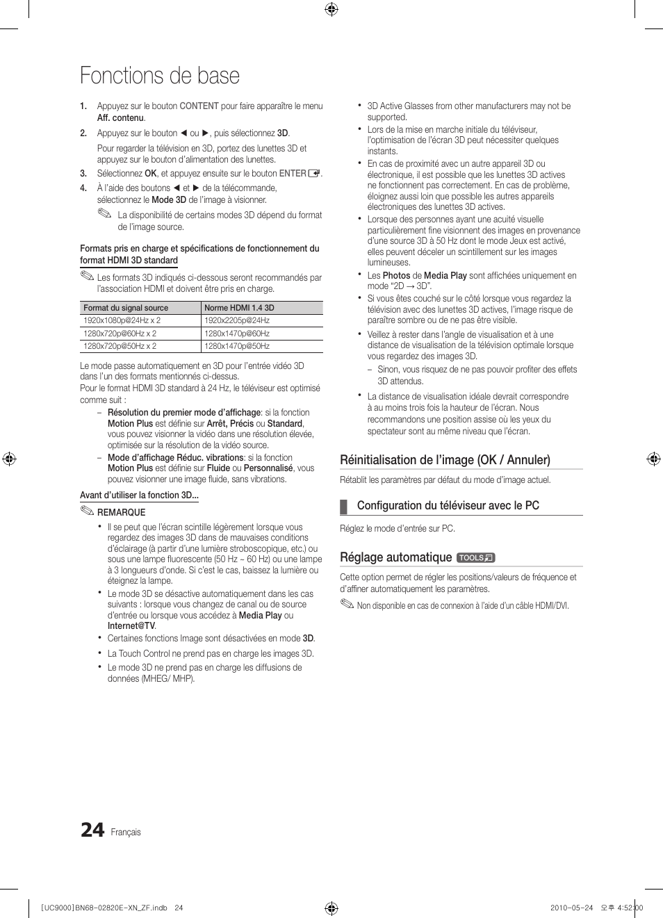 Fonctions de base, Réinitialisation de l’image (ok / annuler), Réglage automatique | Samsung UE46C9000ZW User Manual | Page 88 / 257