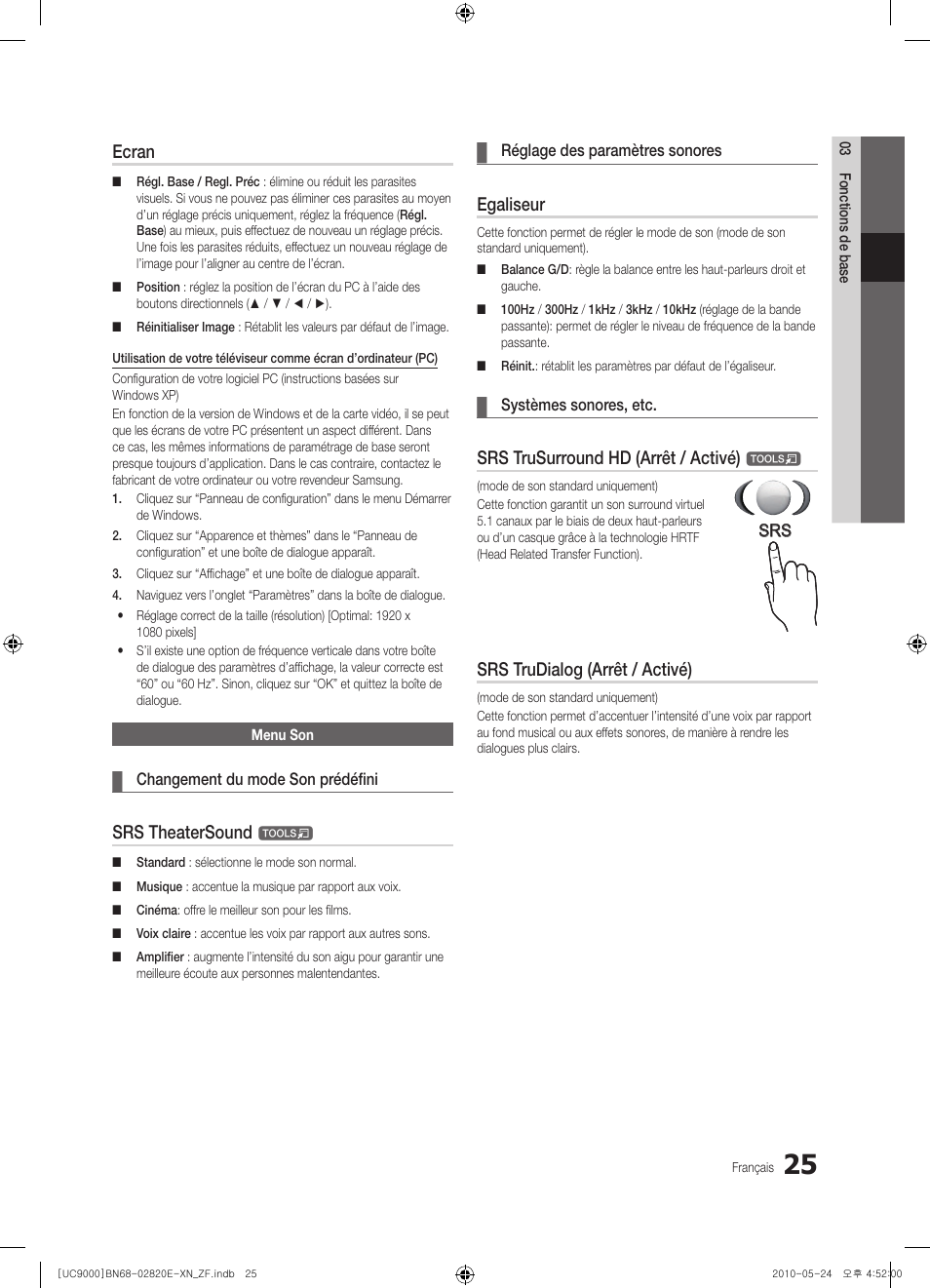 Ecran, Srs theatersound, Egaliseur | Srs trusurround hd (arrêt / activé), Srs trudialog (arrêt / activé) | Samsung UE46C9000ZW User Manual | Page 89 / 257