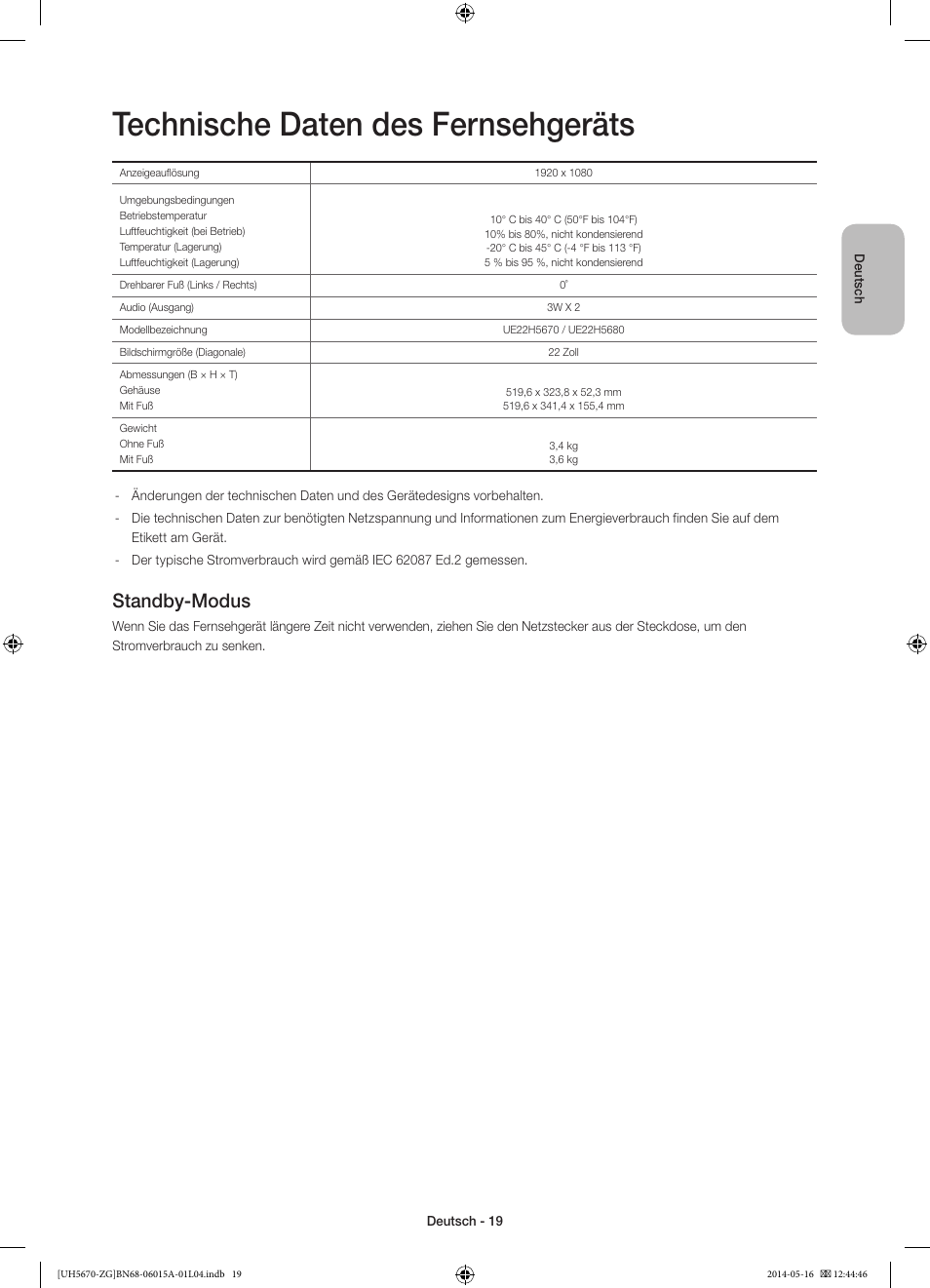 Technische daten des fernsehgeräts, Standby-modus | Samsung UE22H5670SS User Manual | Page 39 / 81