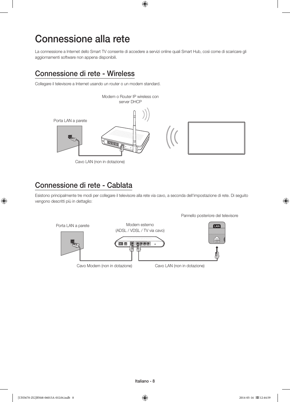 Connessione alla rete, Connessione di rete - wireless, Connessione di rete - cablata | Samsung UE22H5670SS User Manual | Page 68 / 81