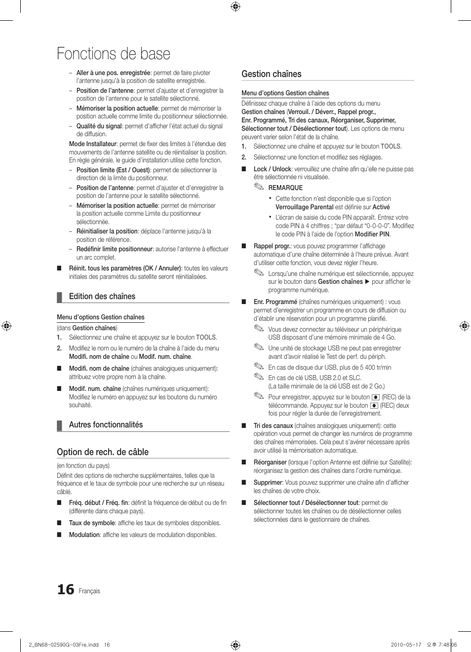 Fonctions de base, Option de rech. de câble, Gestion chaînes | Samsung UE40C7700WS User Manual | Page 144 / 257