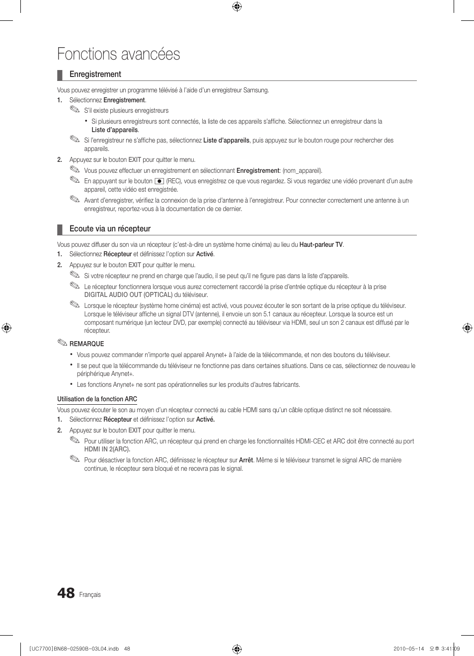 Fonctions avancées | Samsung UE40C7700WS User Manual | Page 176 / 257