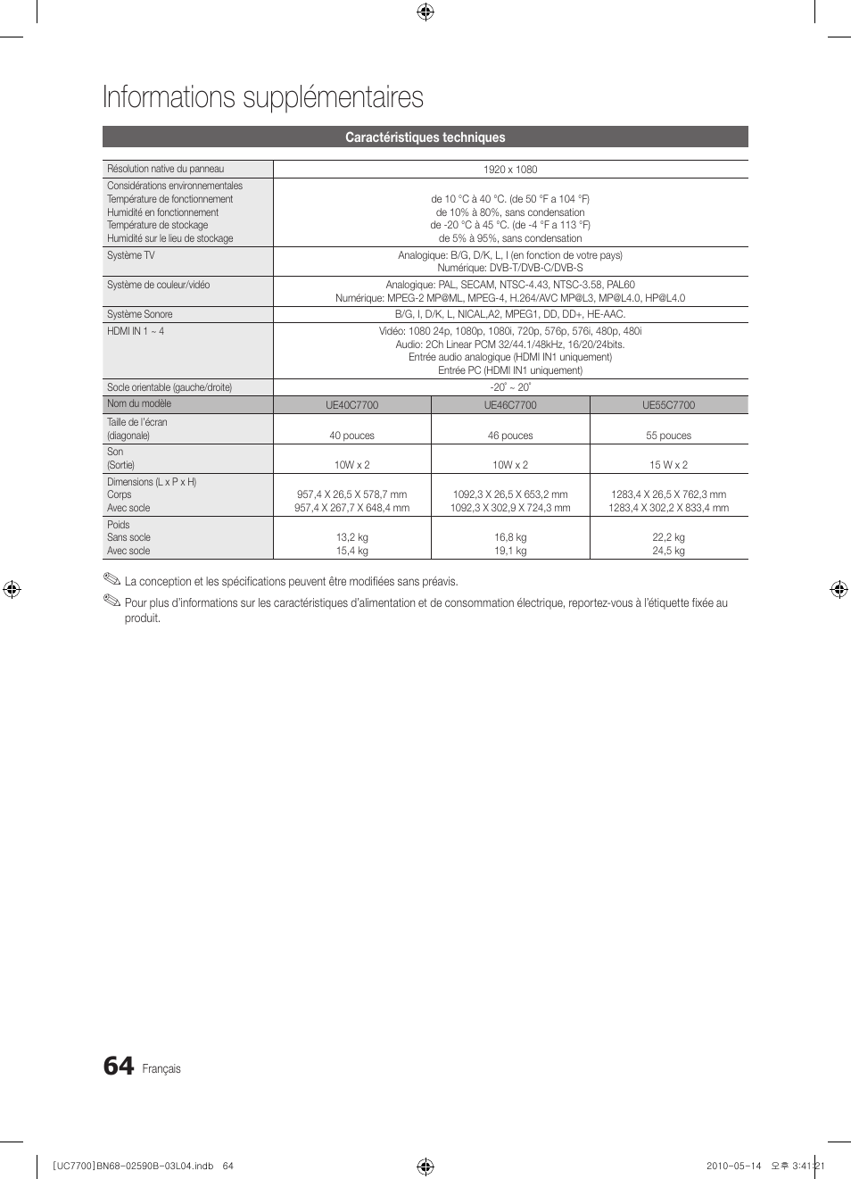 Informations supplémentaires | Samsung UE40C7700WS User Manual | Page 192 / 257
