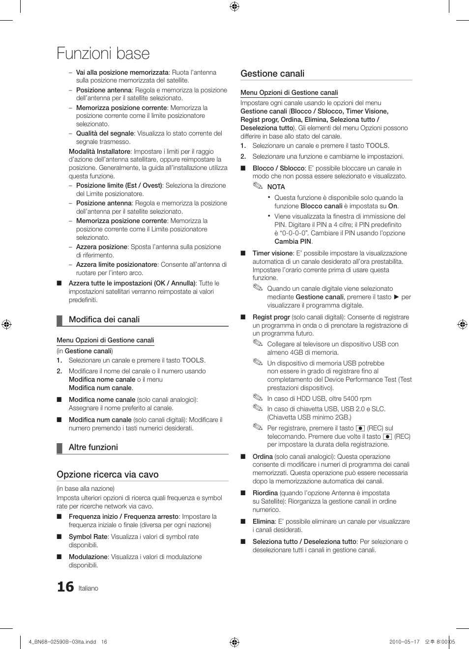 Funzioni base, Opzione ricerca via cavo, Gestione canali | Samsung UE40C7700WS User Manual | Page 208 / 257