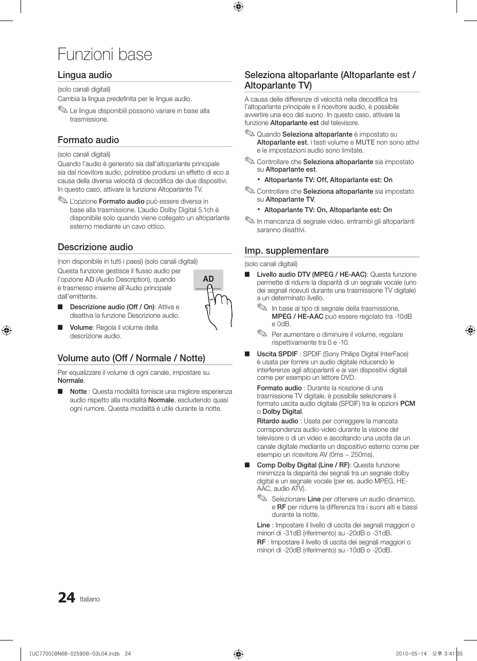 Funzioni base, Lingua audio, Formato audio | Descrizione audio, Volume auto (off / normale / notte), Imp. supplementare | Samsung UE40C7700WS User Manual | Page 216 / 257