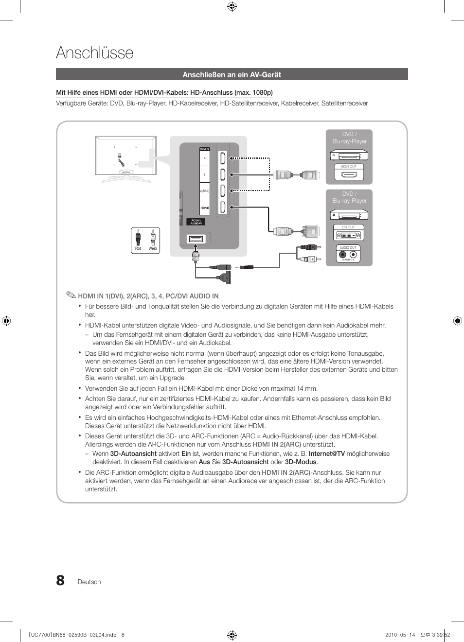 Anschlüsse | Samsung UE40C7700WS User Manual | Page 72 / 257