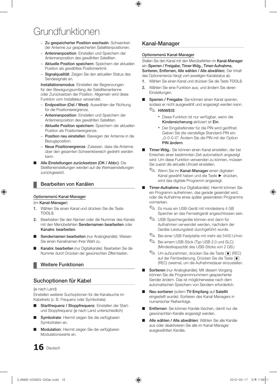 Grundfunktionen, Suchoptionen für kabel, Kanal-manager | Samsung UE40C7700WS User Manual | Page 80 / 257