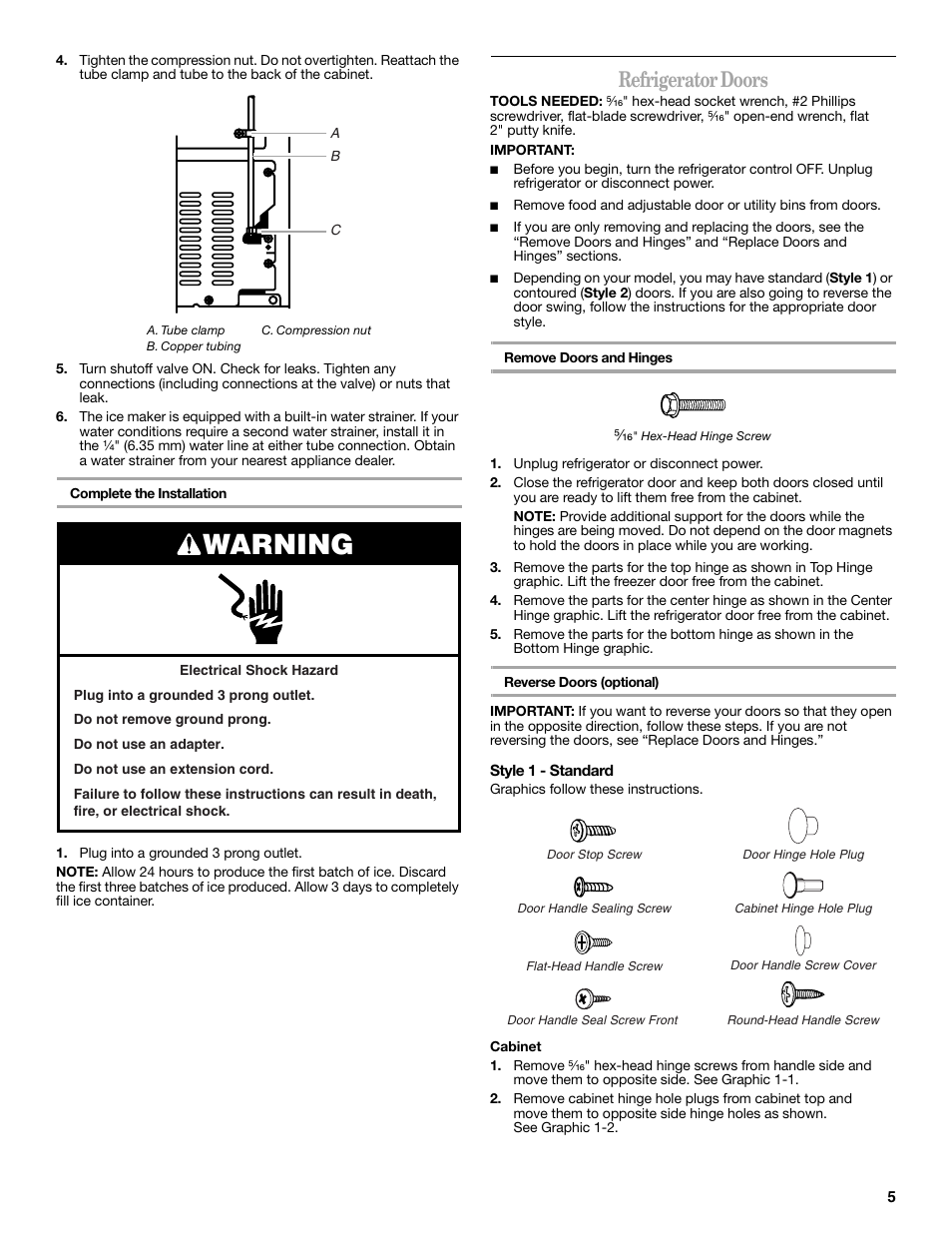 Warning, Refrigerator doors | Amana W10214254A User Manual | Page 5 / 42