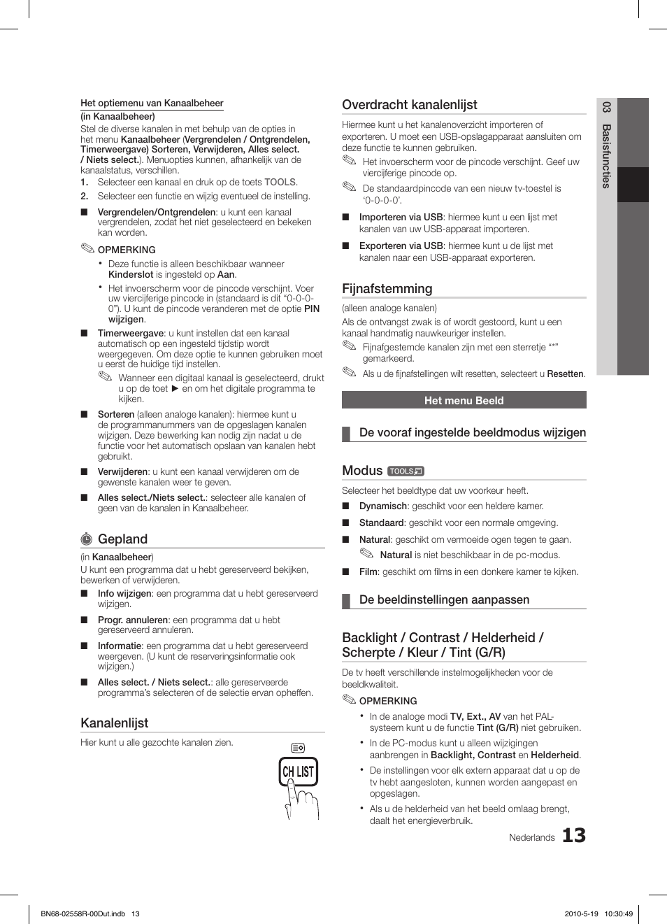 Gepland, Kanalenlijst, Overdracht kanalenlijst | Fijnafstemming, Modus | Samsung LE32C650L1W User Manual | Page 169 / 209